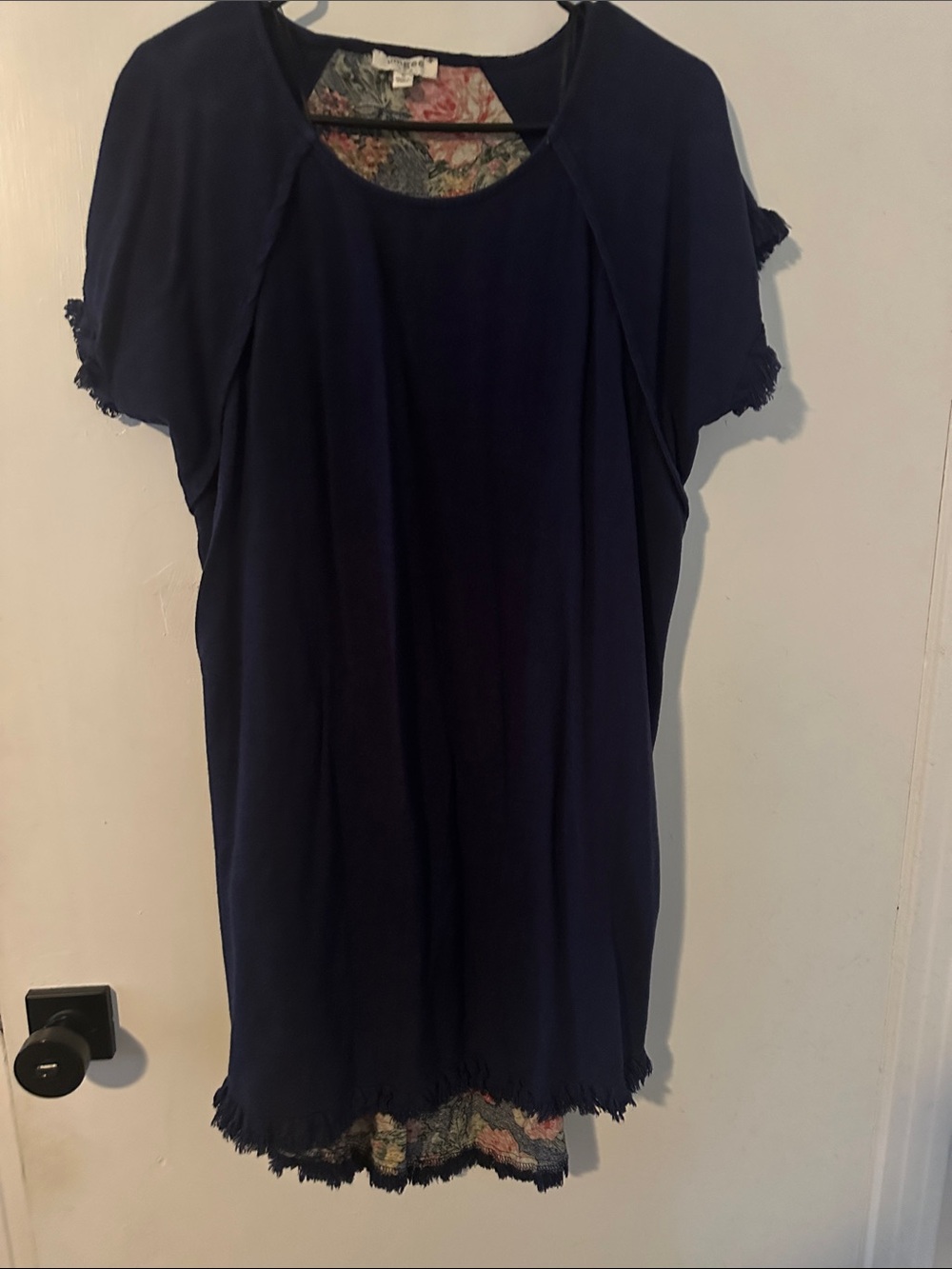 Umgee Navy Short Sleeve Womens hi low dress with Fringe Detail